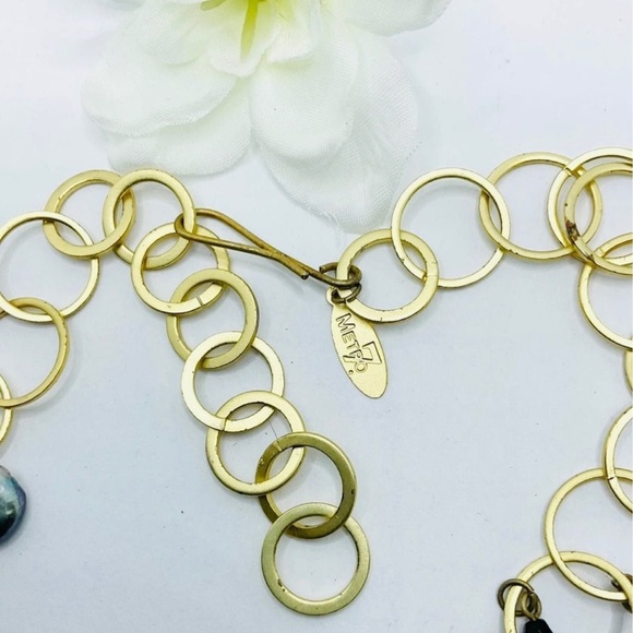 Tahitian Freshwater Pearl Amethyst Gold Tone Chain Charm Statement Necklace - Picture 4 of 4